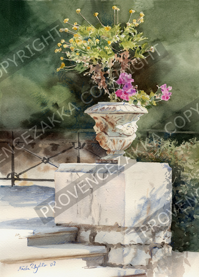 Nice Castle flowers, water color painting, signed print - Click Image to Close